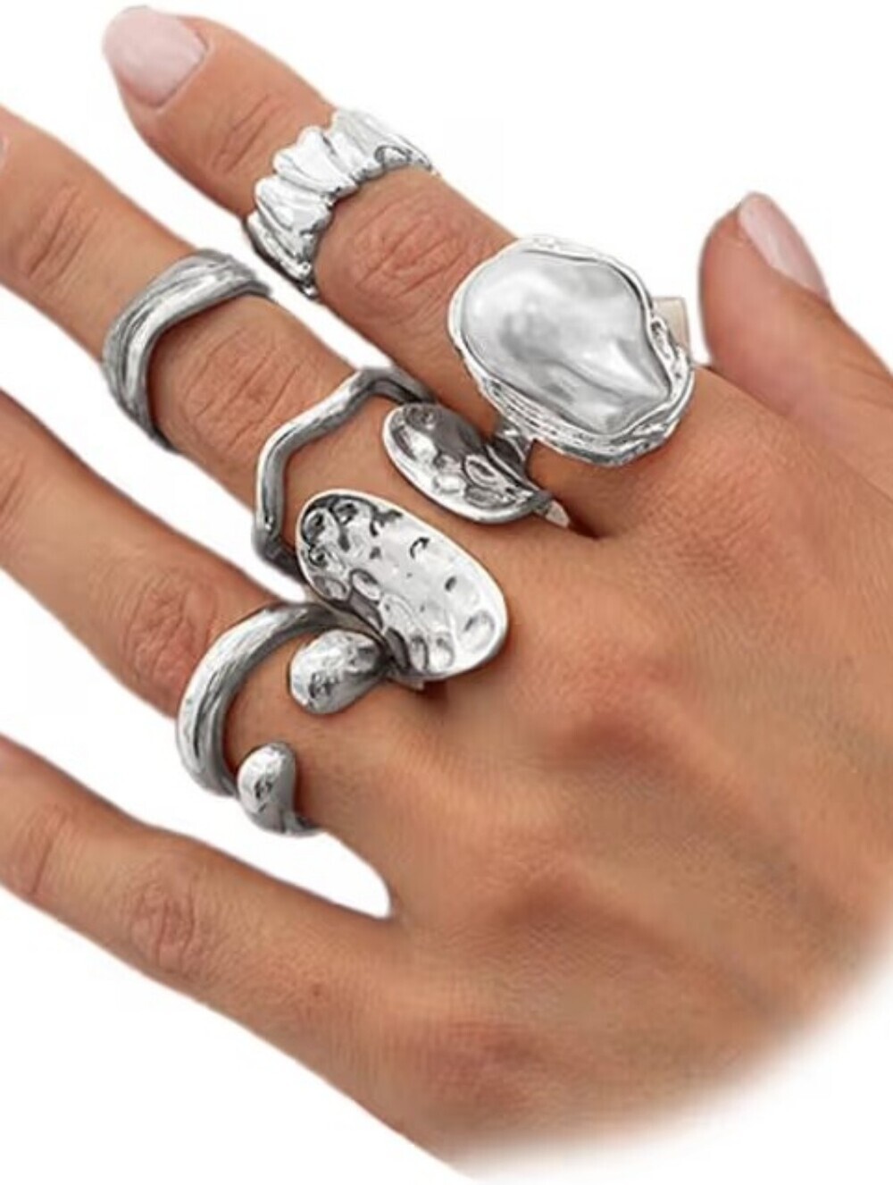 7Pcs Chunky Rings Statement Silver Irregular Baroque Stackable